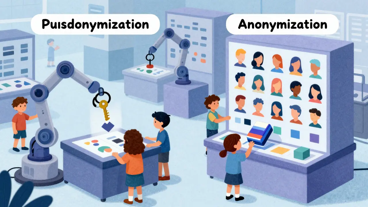 Illustration of data being anonymized into abstract shapes in a factory