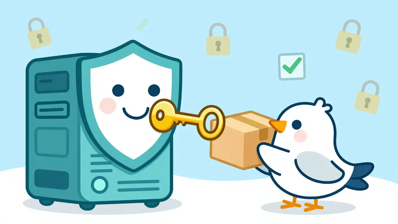 Illustration of secure server verifying data with a golden key