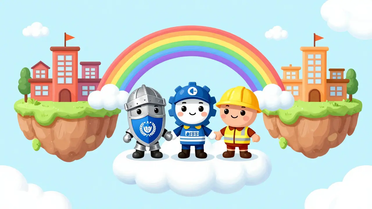Illustration of tech groups building a rainbow bridge