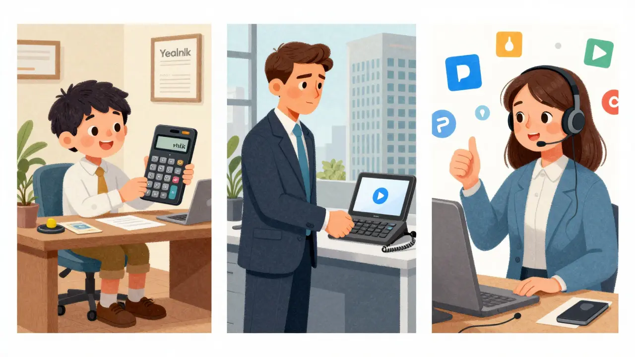 Illustration showing different office workers choosing Yealink, Cisco, or Poly phones.