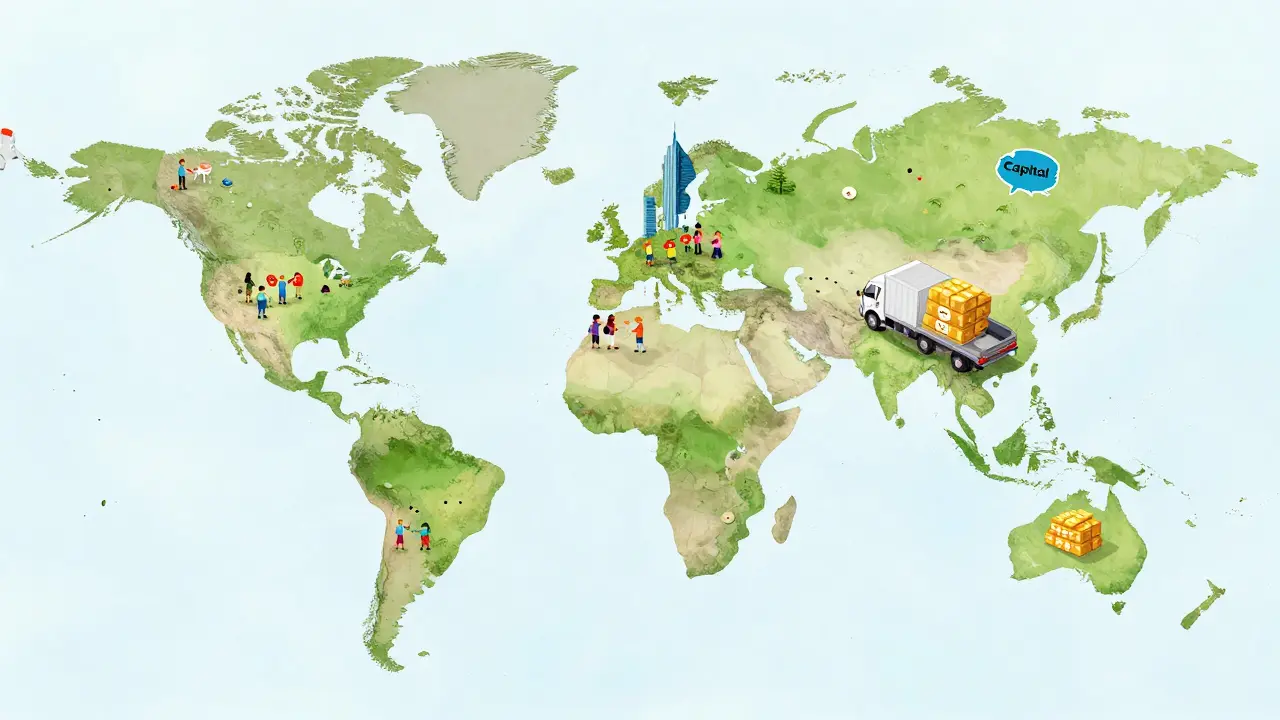 Map showing emerging markets with retail users and developed markets with institutional flows.