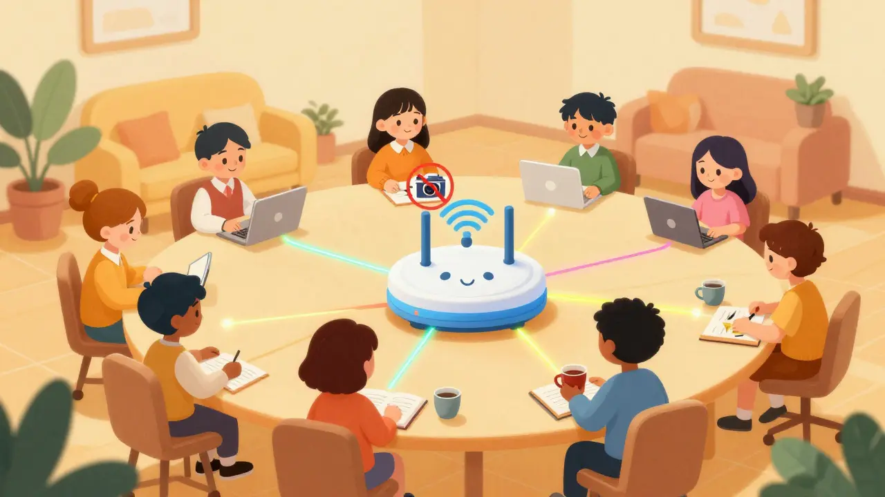 Remote team working via Wi-Fi router, avoiding video to save data.