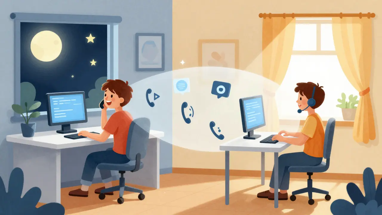 Remote workers at different times protected by schedule barriers in illustration.