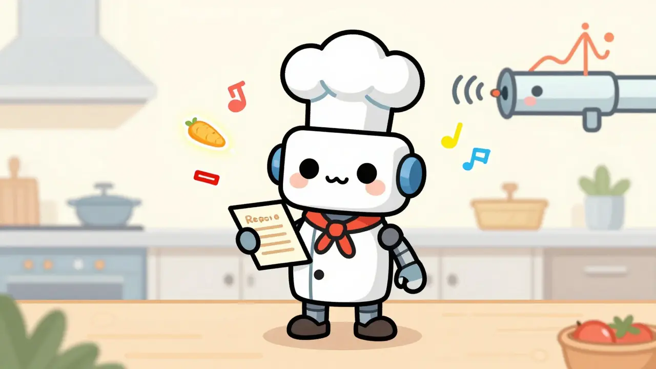Robot chef holding a recipe card with floating sound wave ingredients