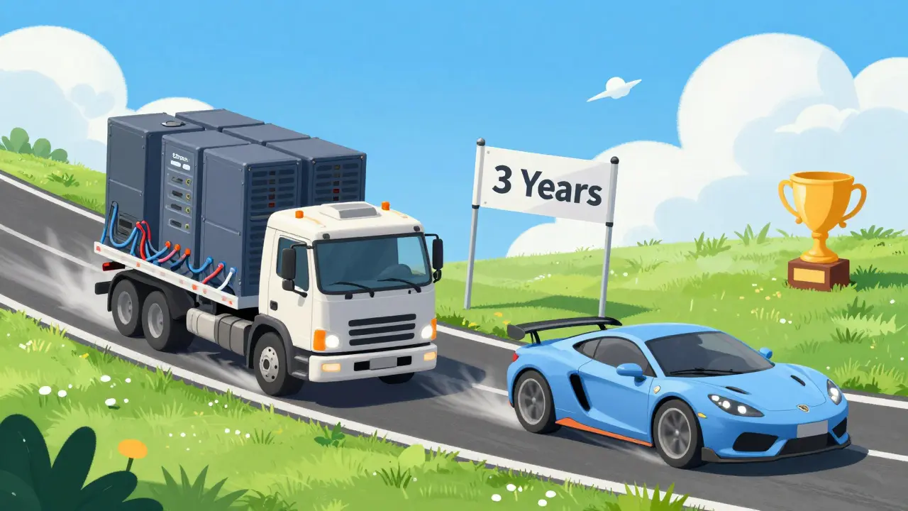 Sleek cloud VoIP car racing past a heavy legacy PBX truck