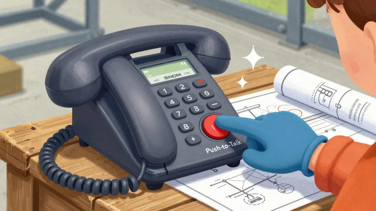 Sturdy VoIP handset with push-to-talk button on crate