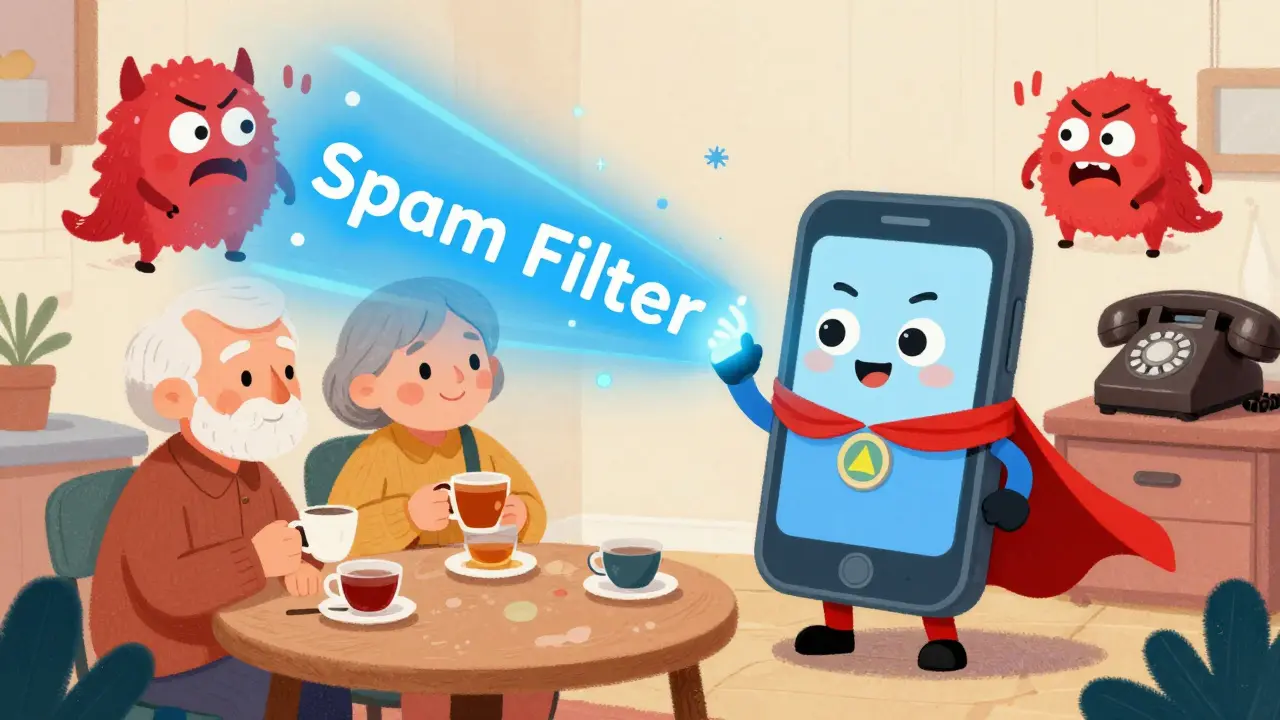 Superhero phone blocking scam calls to protect happy seniors