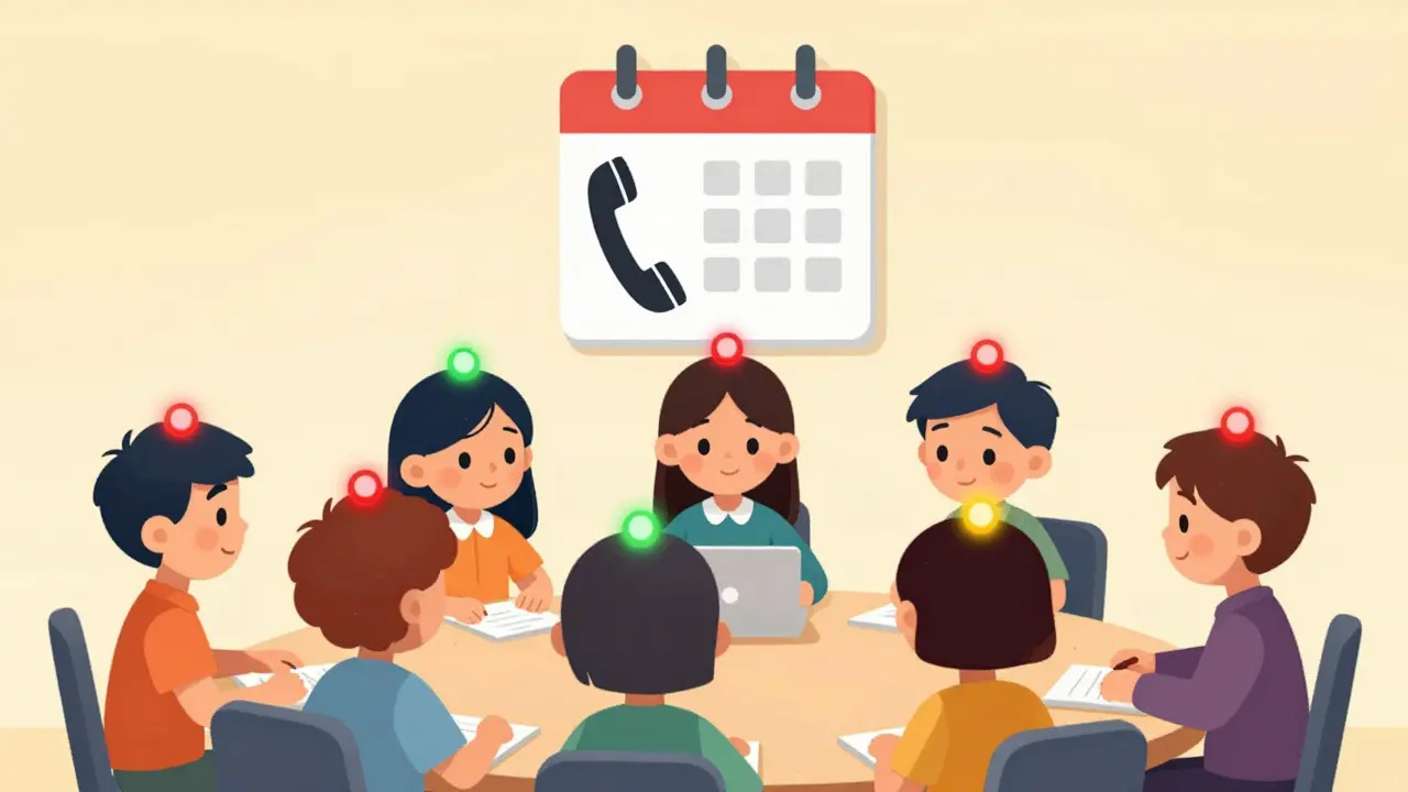 Team members with status lights showing Do Not Disturb mode in cartoon style.