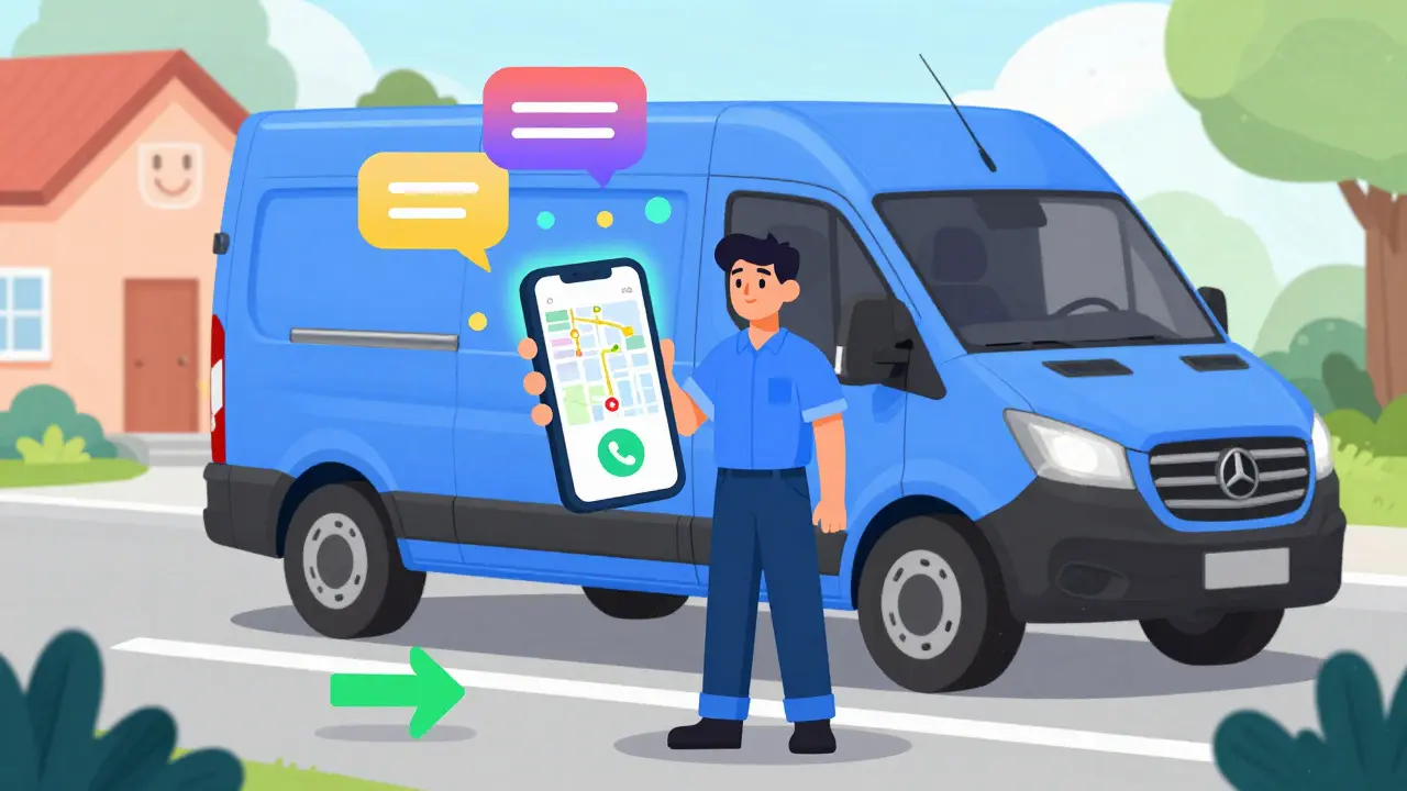 Technician using smartphone app for GPS routing and calling a customer