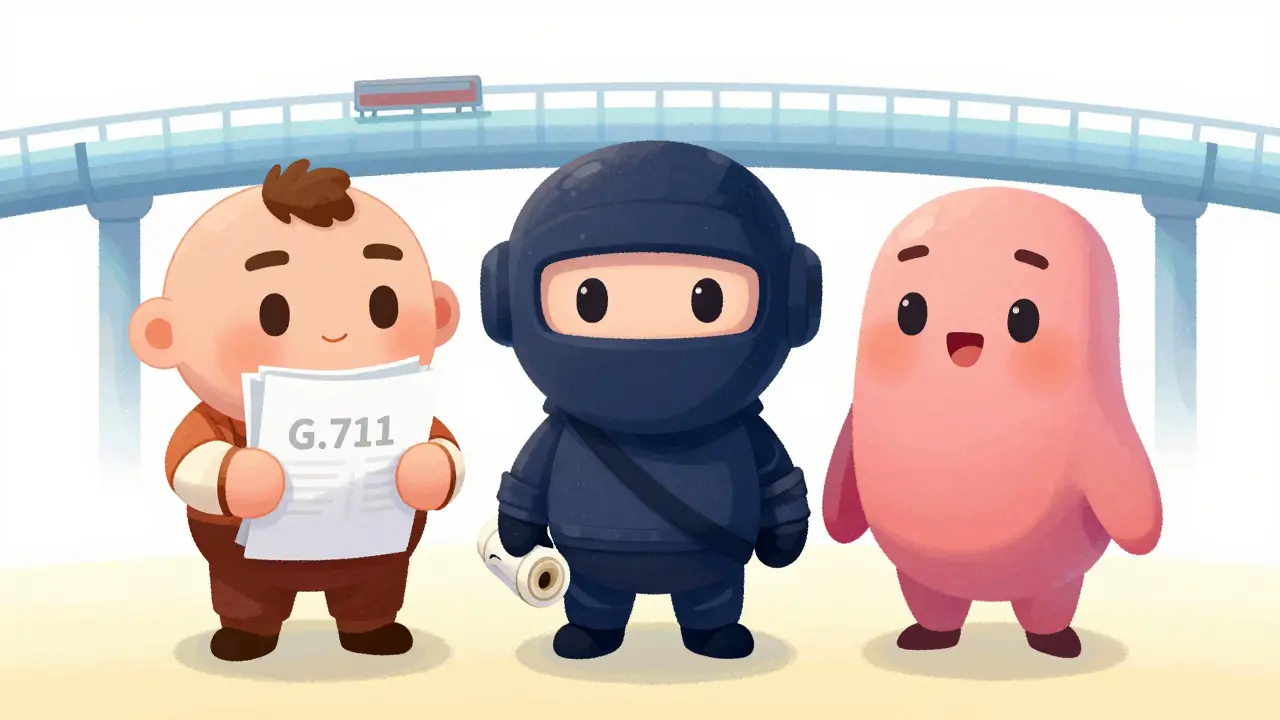 Three mascot characters representing different audio codec efficiencies.