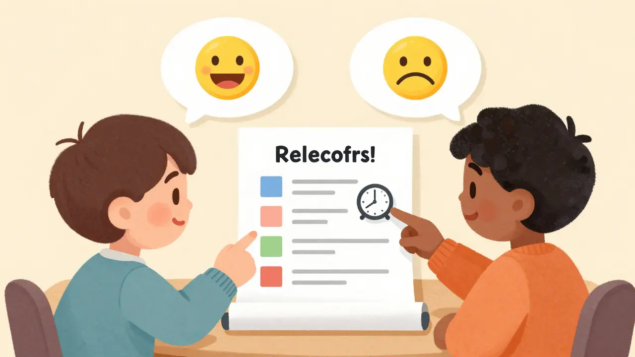 Two people reviewing a VoIP service contract with time targets.