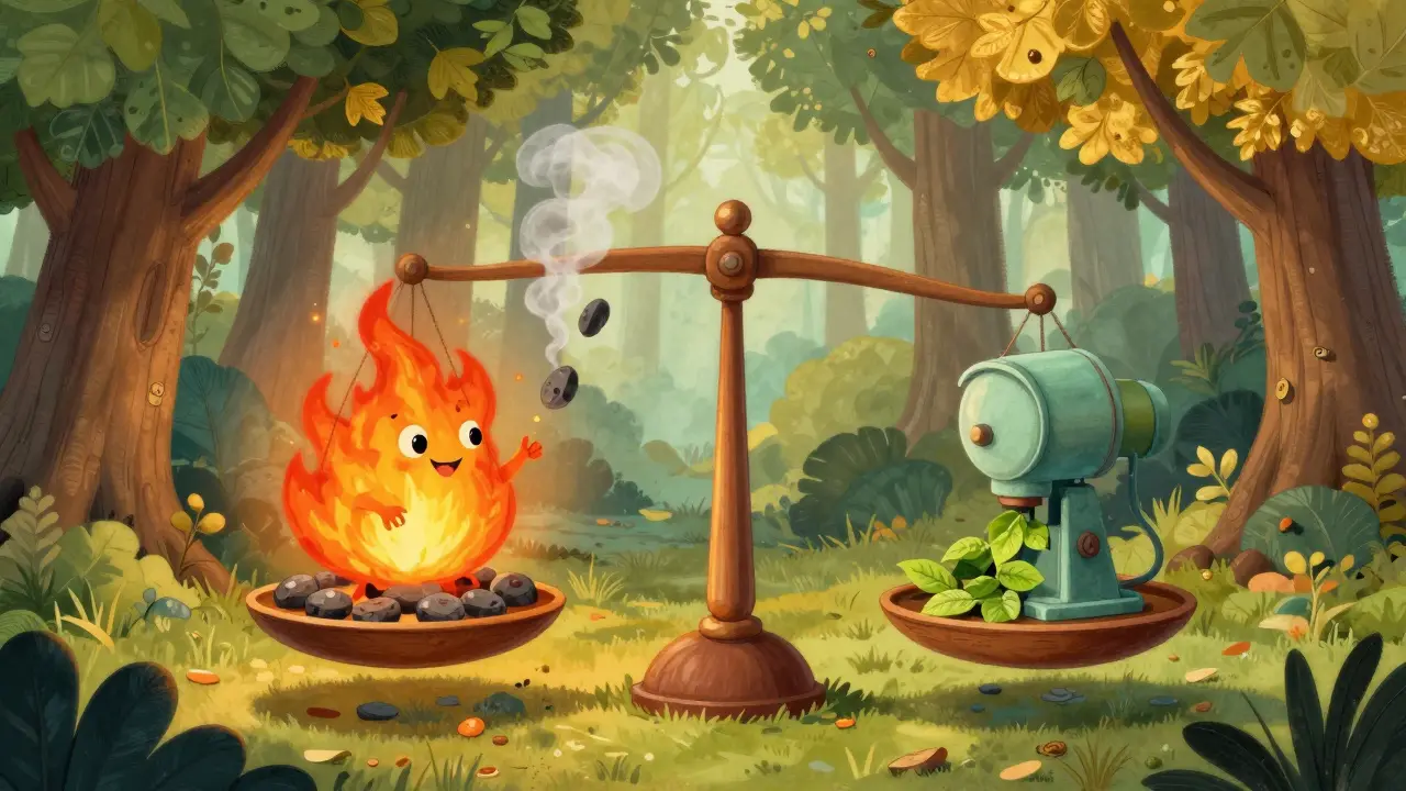 Whimsical drawing of a fire burning tokens balancing a mint machine on a scale.