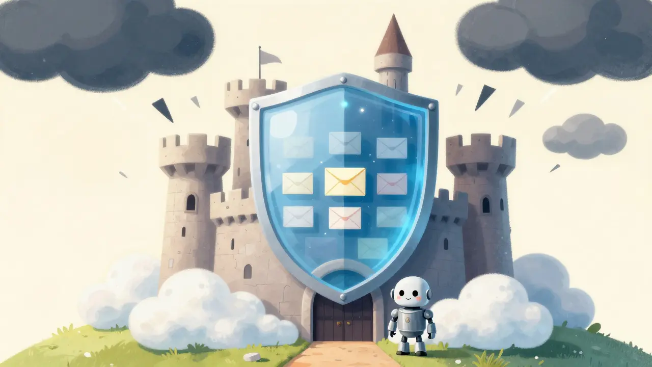 Whimsical drawing of a secure cloud castle protecting business data