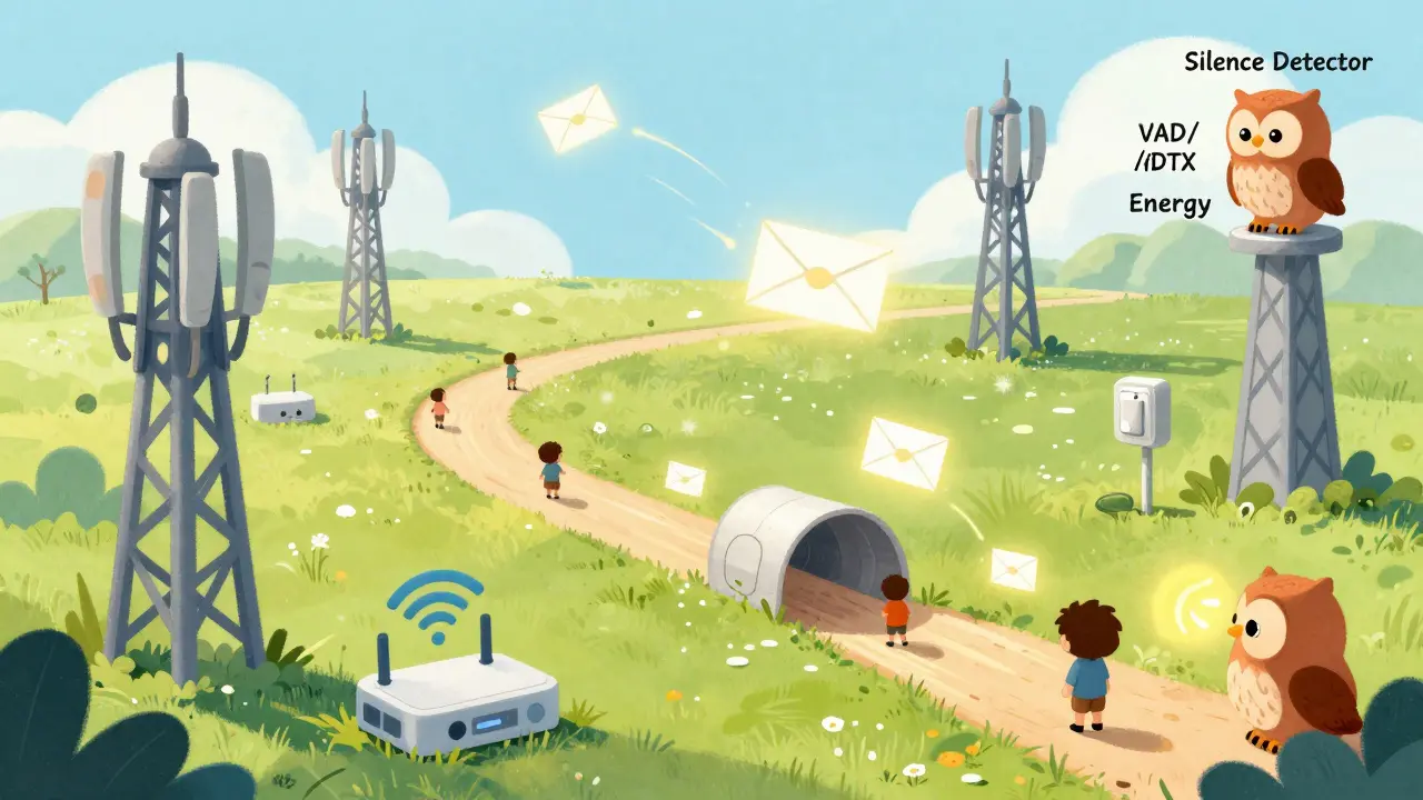 Whimsical network scene showing adaptive data rates and silence detection.
