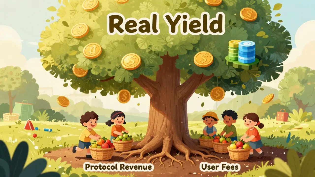 Whimsical tree bearing gold coins and stablecoins from revenue roots