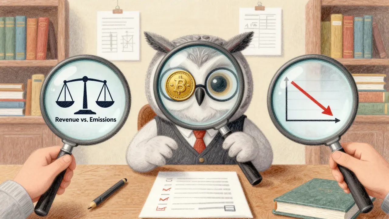 Wise owl analyzing tokenomics checks with magnifying glasses