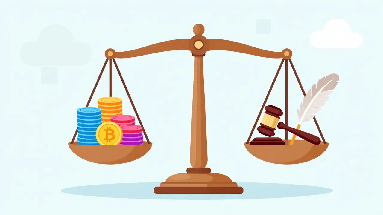 A balanced scale showing crypto tokens versus regulatory symbols in a children's book style.