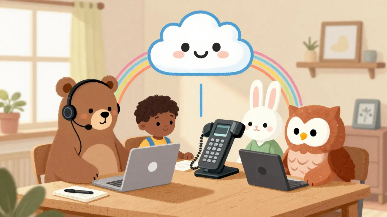 Animal colleagues using VoIP devices connected by a friendly cloud in a cozy office.