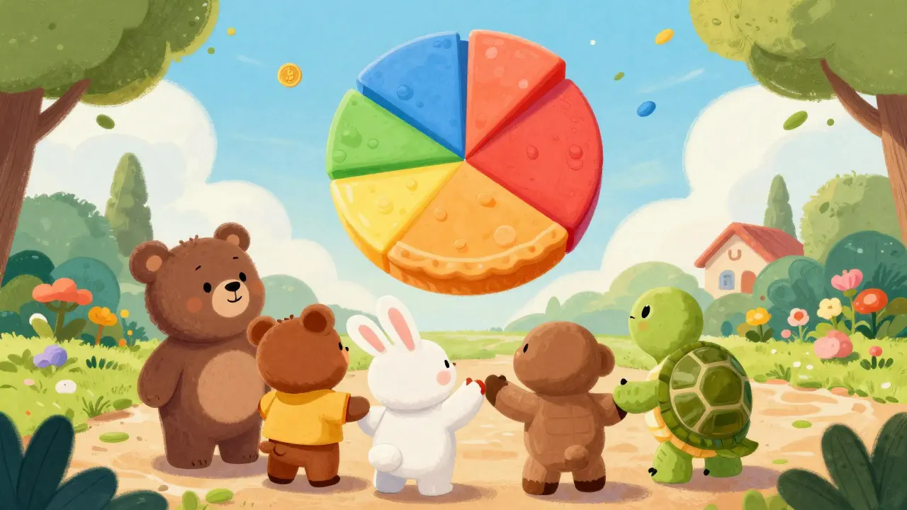 Animals celebrating a balanced investment pie chart