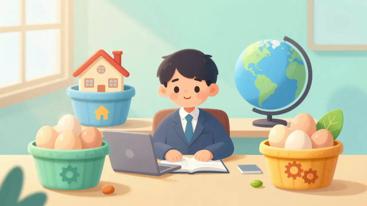 Calm cartoon investor with multiple colorful baskets of diverse assets
