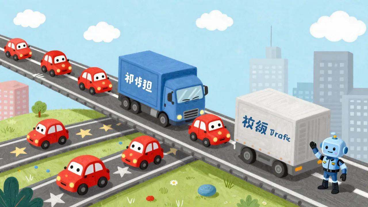 Cartoon cars showing voice traffic getting priority over data on a network road.