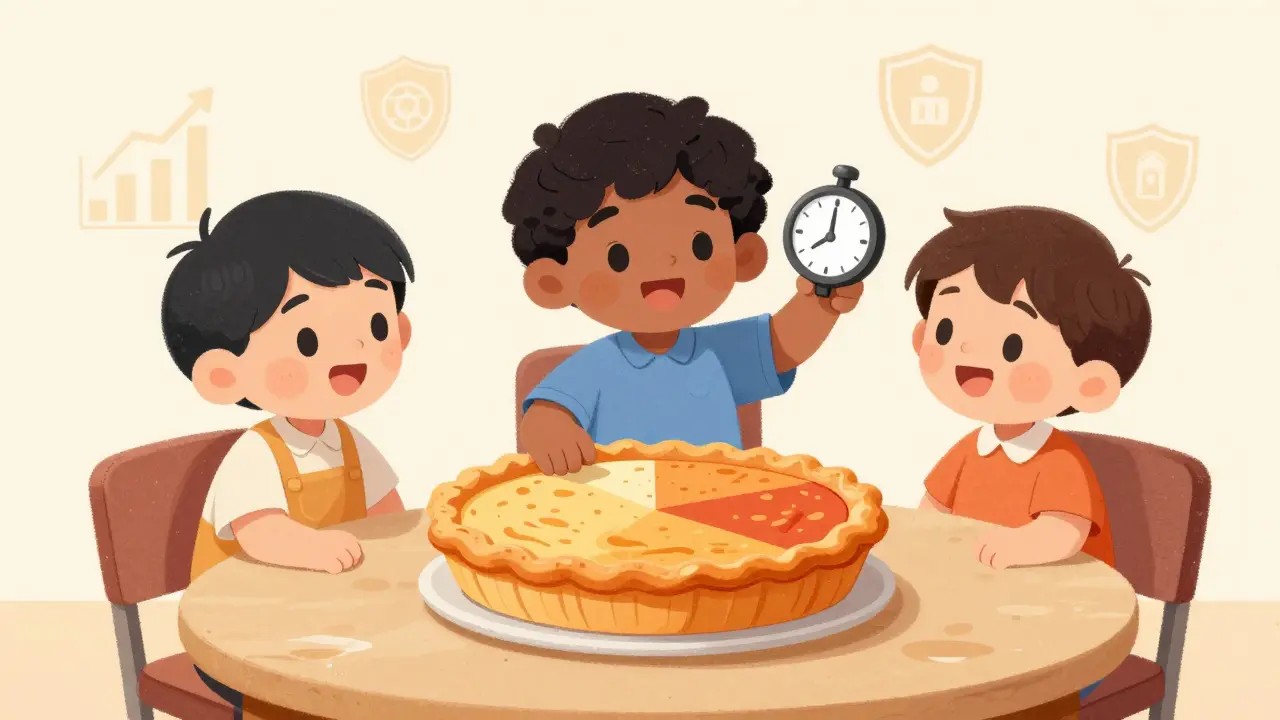 Cartoon characters sharing fee rewards in a cooperative circle