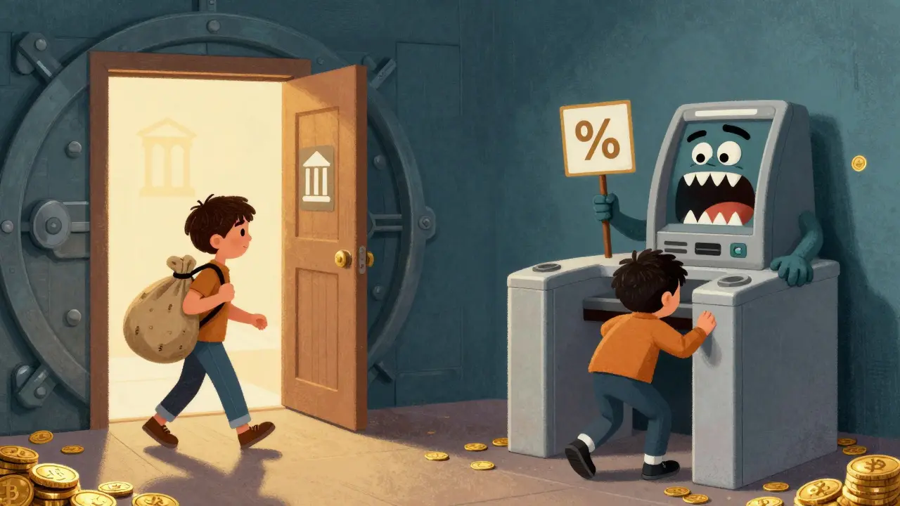 Cartoon comparing cheap bank withdrawals vs expensive ATMs