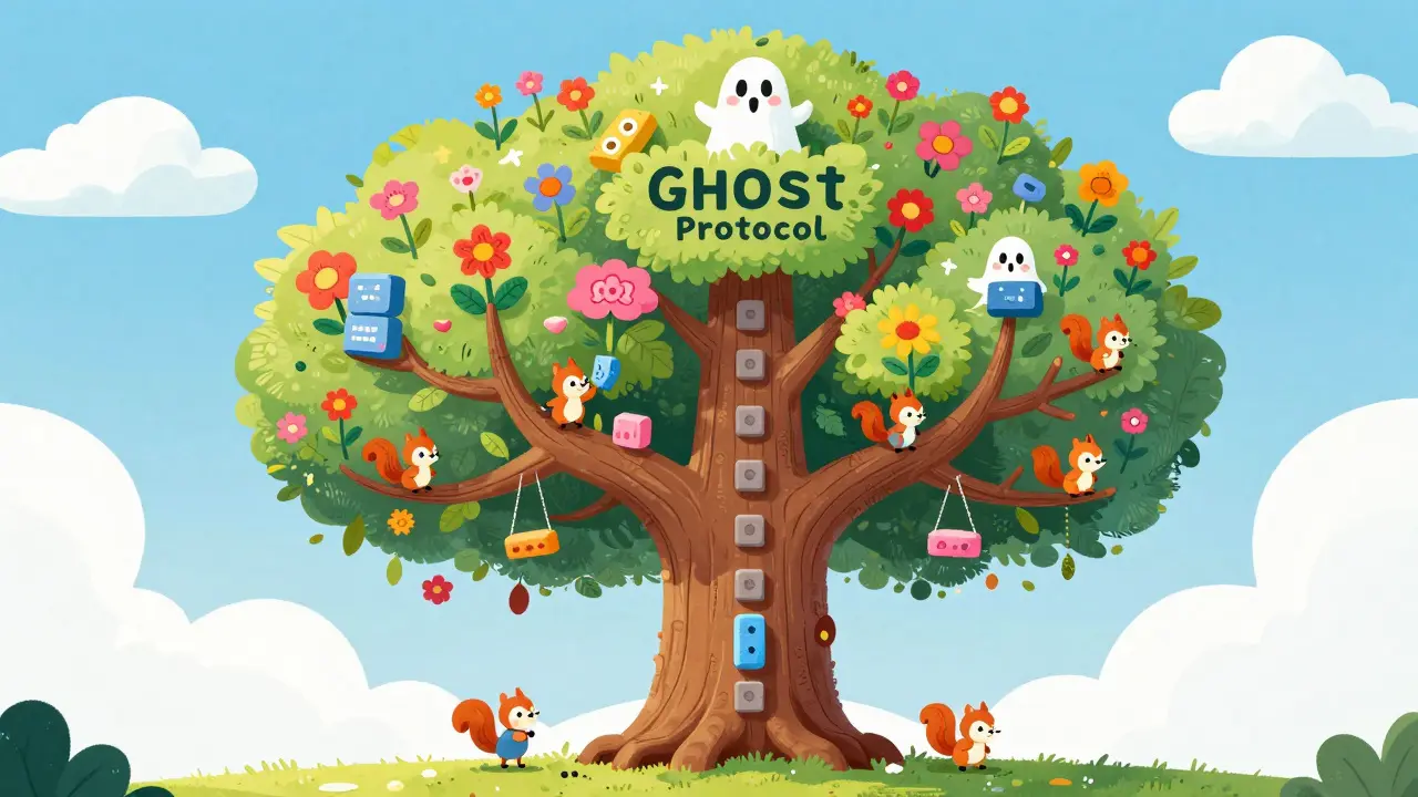 Cartoon tree showing how side branches add value in GHOST protocol.