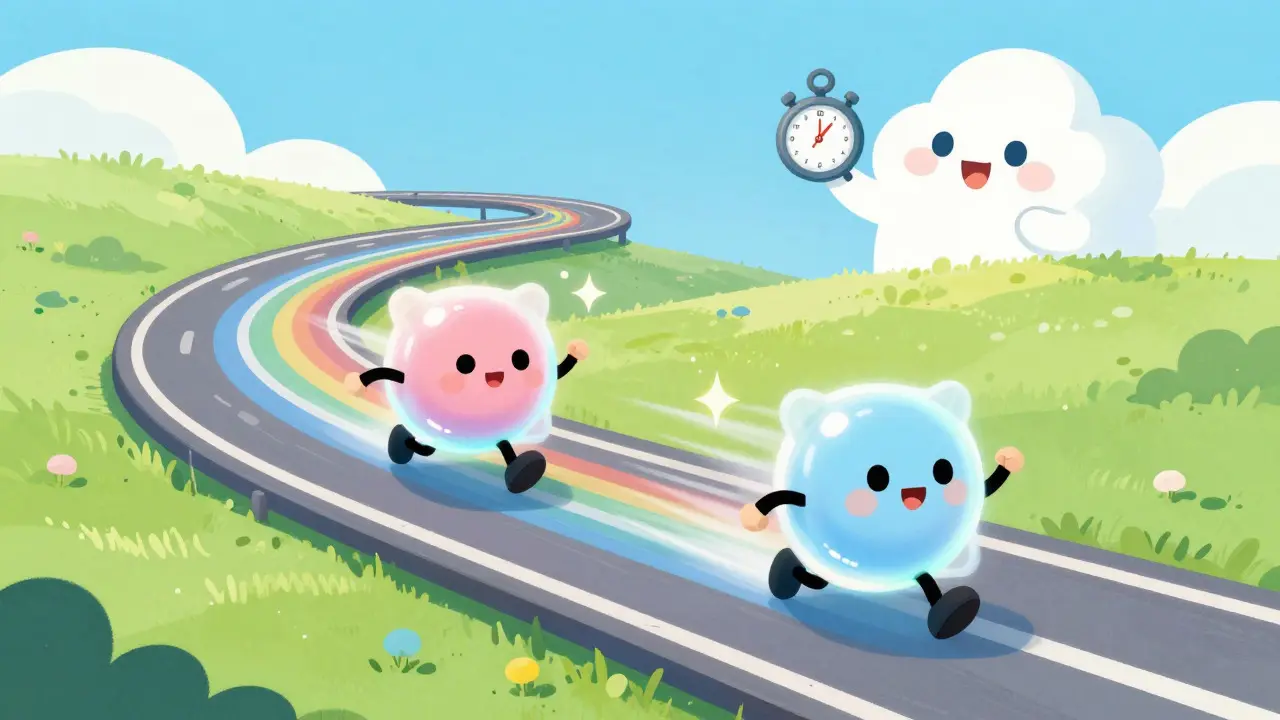 Cartoon voice packets racing on a rainbow digital highway