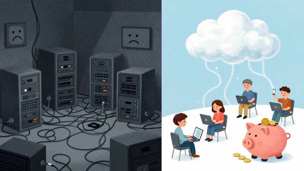 Comparison of messy on-prem servers vs clean cloud VoIP setup