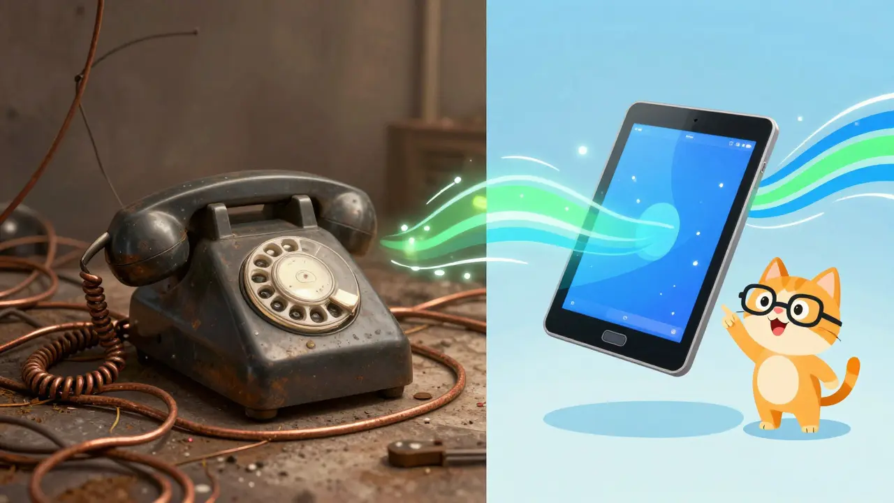 Comparison of old tangled landline wires versus clean, bright internet data streams.