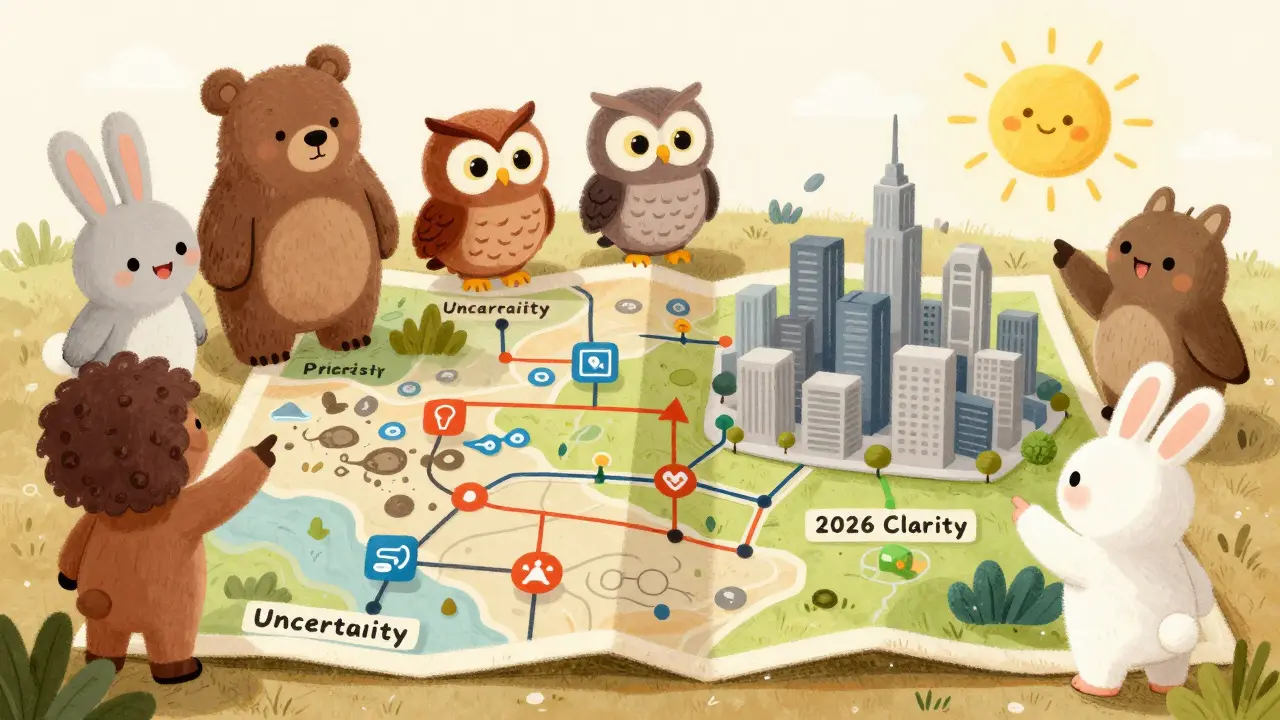 Cute animals viewing a map leading from uncertainty to regulatory clarity in 2026.
