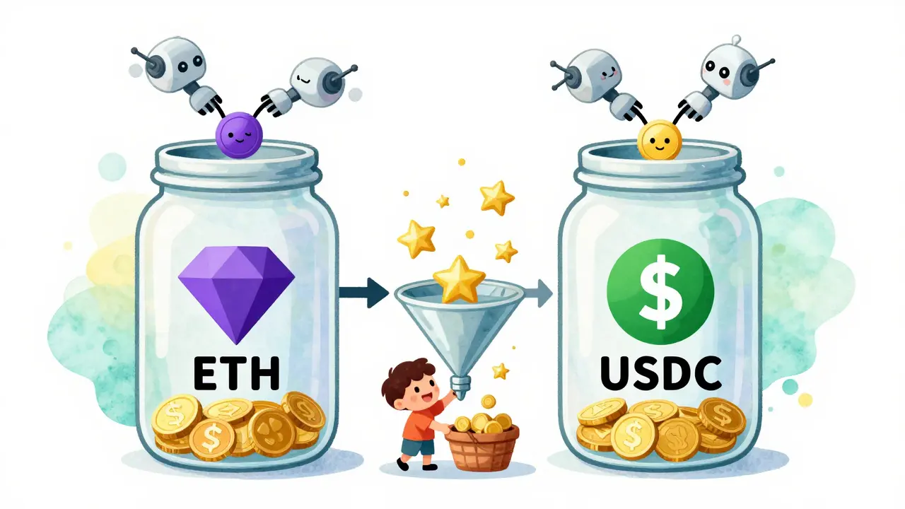 Cute cartoon showing tokens being deposited into jars to create LP tokens, explaining the mechanics of liquidity pools.