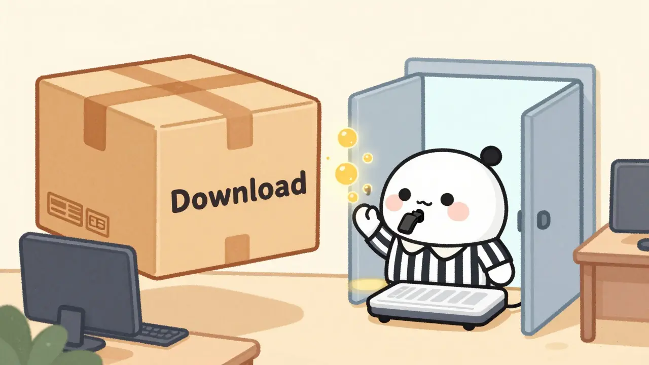 Cute router referee prioritizing voice bubbles over heavy download boxes