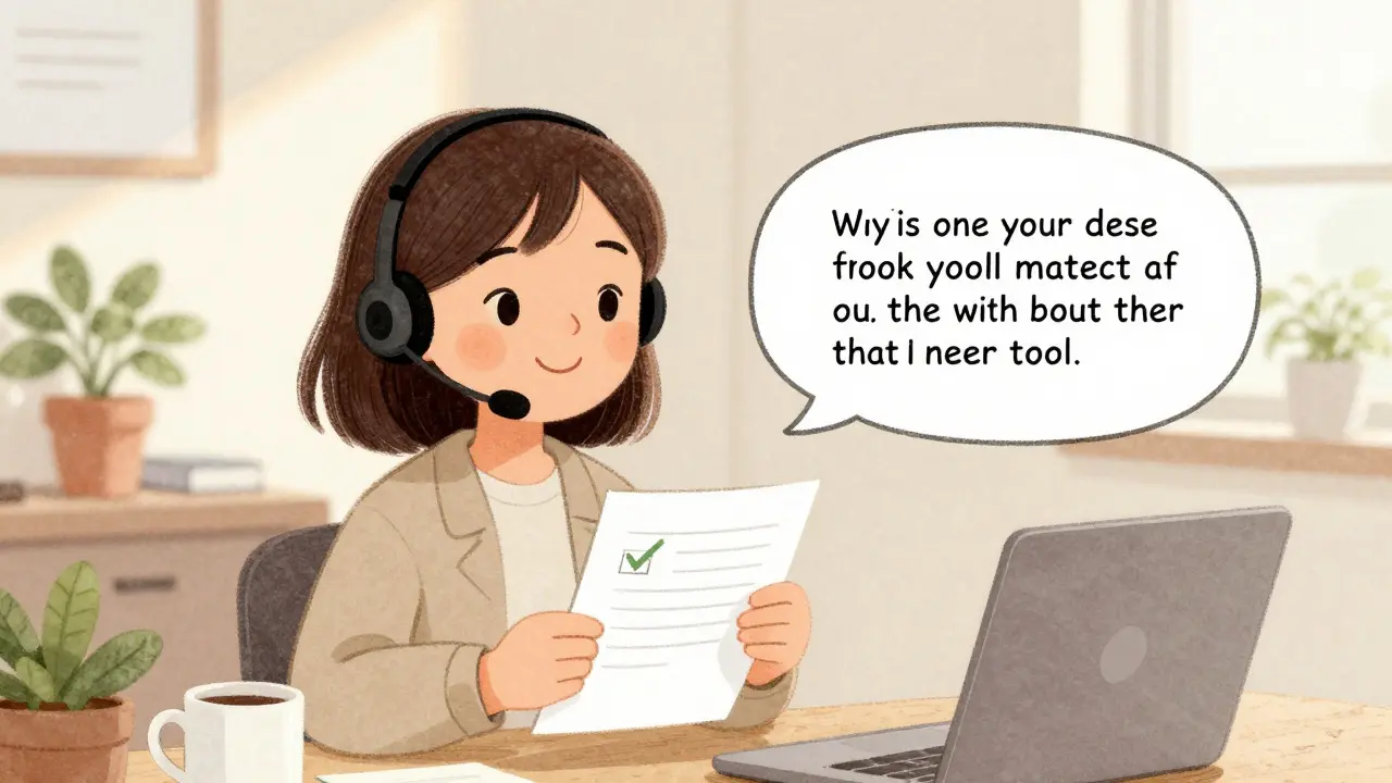 Friendly agent reviewing a transcribed message in a cozy, sunlit home office.