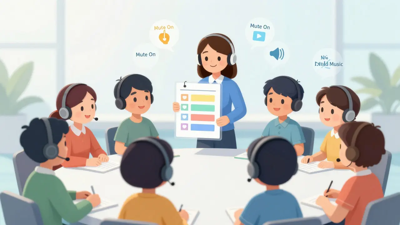 Friendly facilitator organizing a calm meeting with muted, headset-wearing attendees.