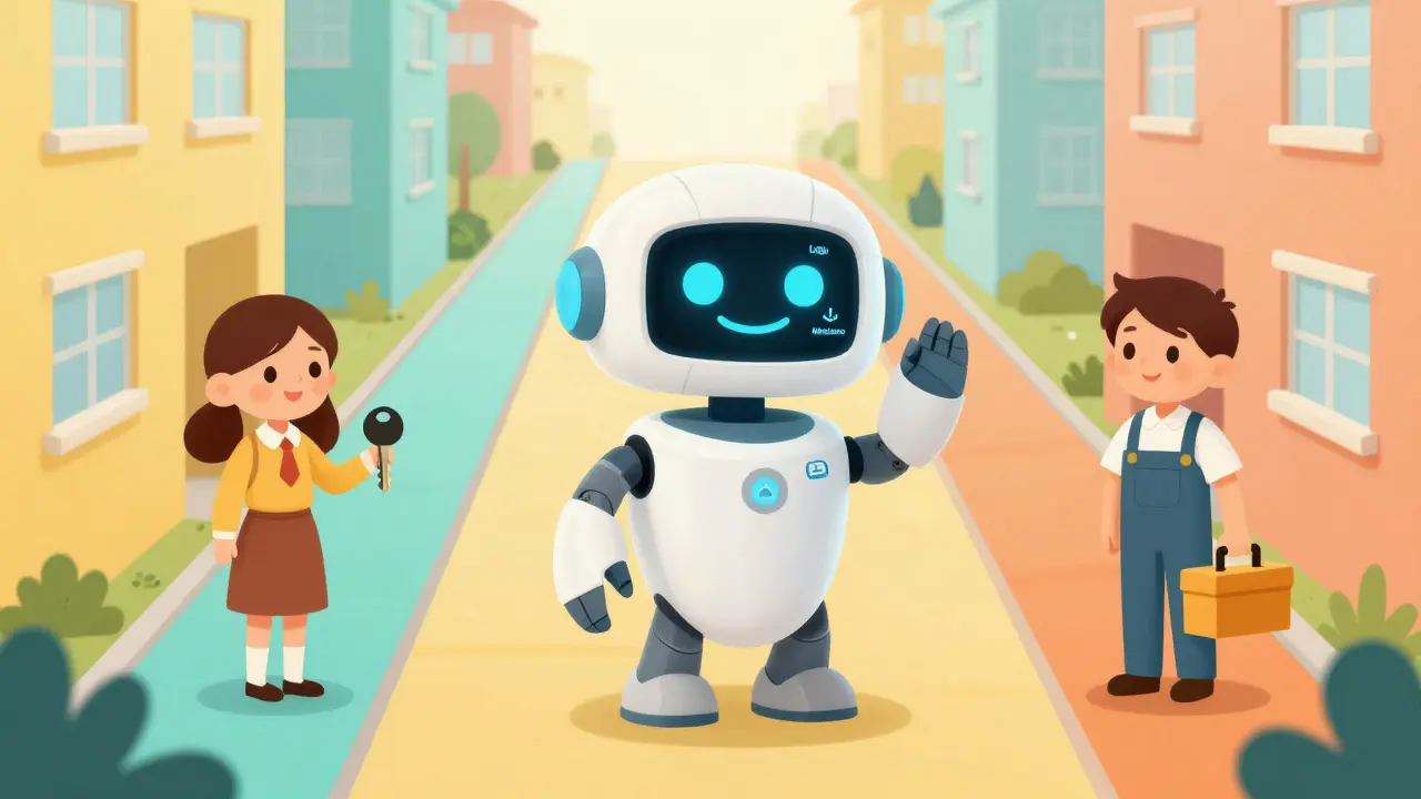 Friendly robot auto-attendant directing tenants to correct departments