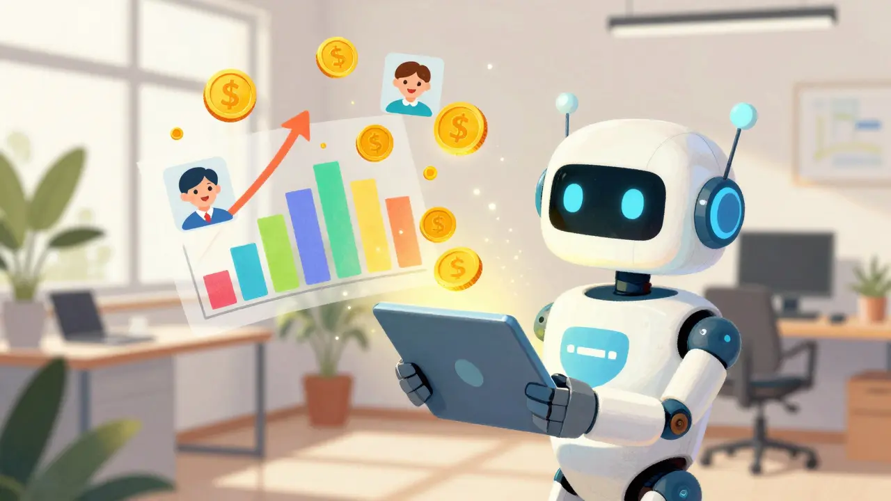 Friendly robot showing floating charts of happy customers turning into gold coins.