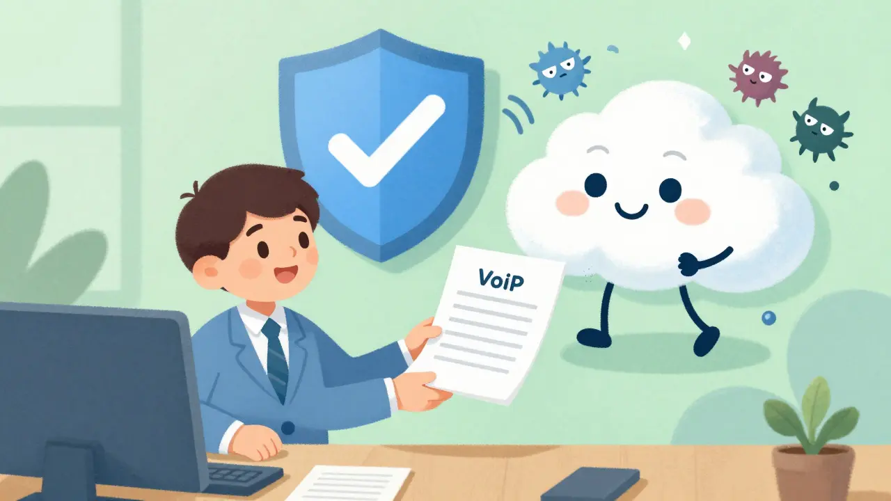 Happy businessman handing document to cloud, protected from network gremlins