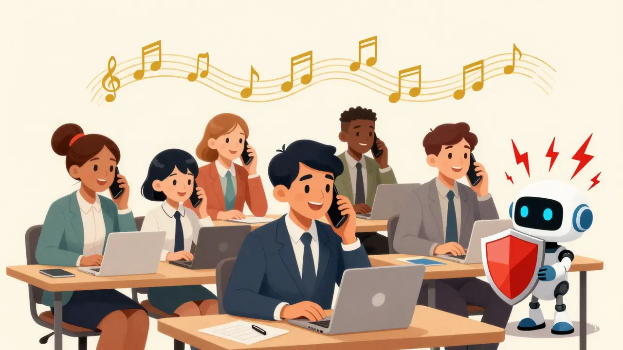 Happy workers talking on phones with golden sound waves, protected from network errors.
