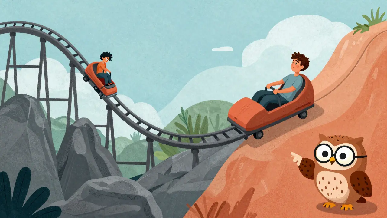 Illustration comparing a rocky rollercoaster path to a smooth, safe slope