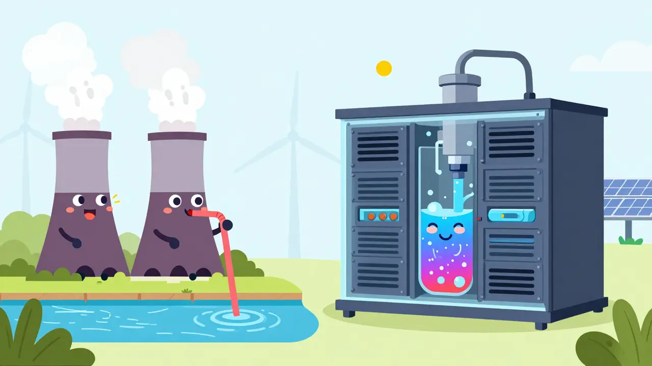 Illustration comparing water-heavy power plants to dry immersion cooling tech