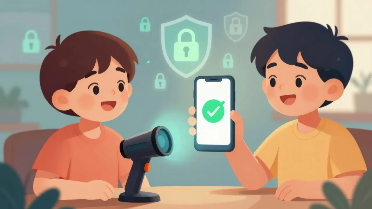 Illustration of a person using a phone to verify age privately without showing ID details
