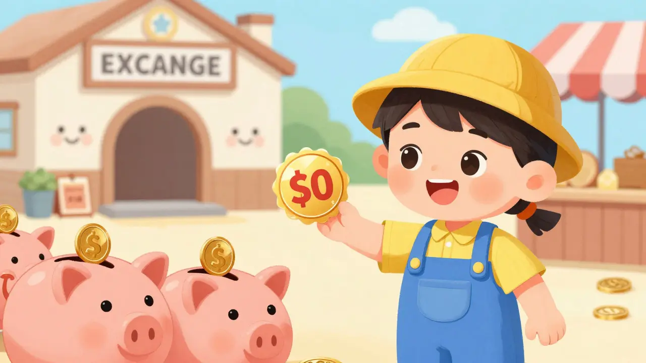 Illustration of a trader receiving a discount badge at a colorful market