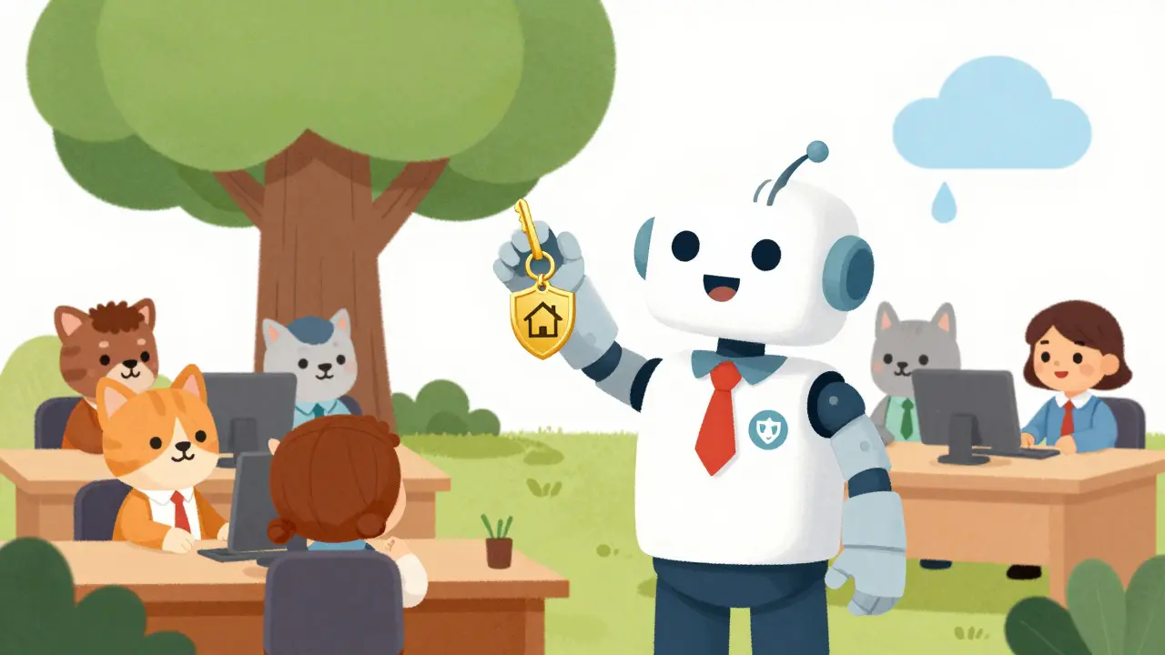 Illustration of an admin robot giving setup keys to employees, emphasizing safety and connectivity.