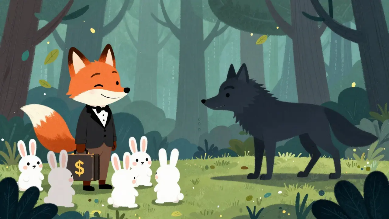 Illustration of fox scammer tricking rabbits in digital forest