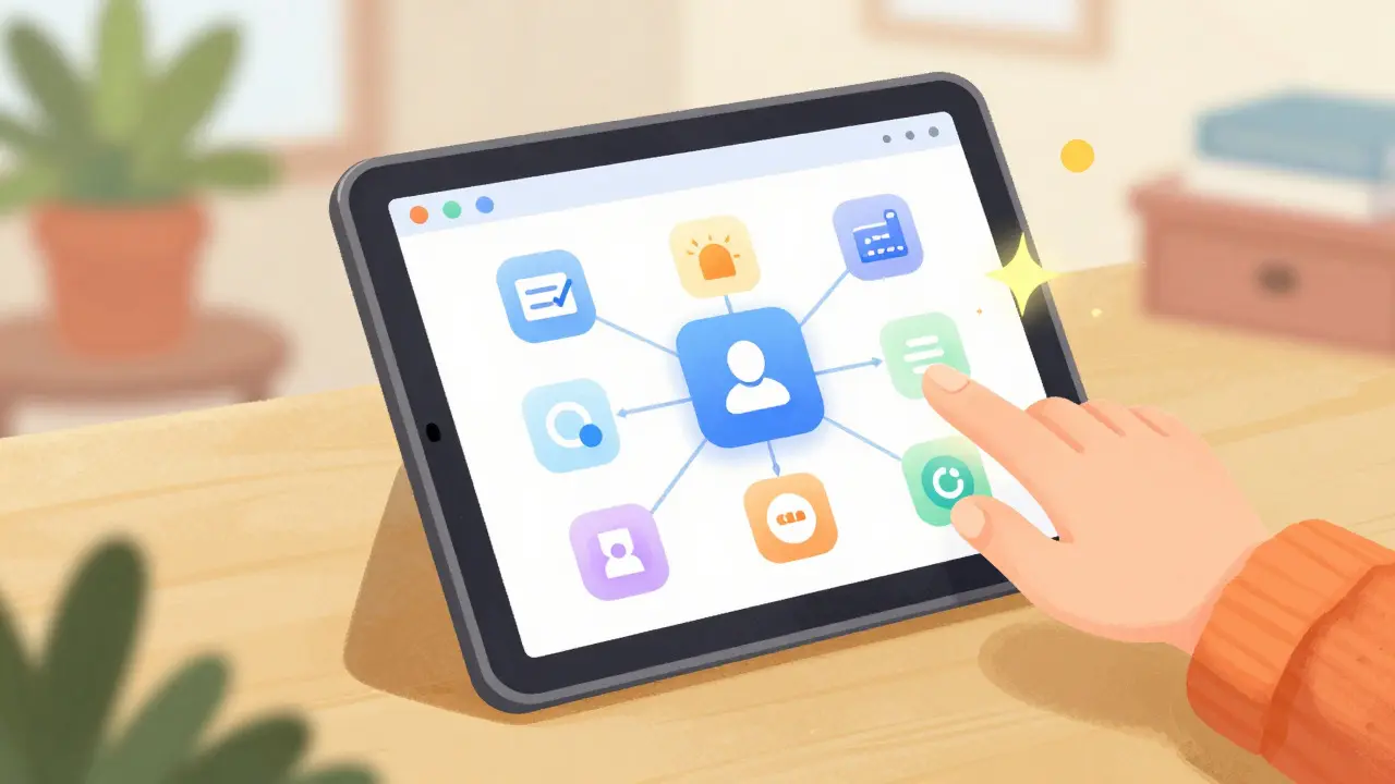 Illustration of hands interacting with a floating digital whiteboard showing creative diagrams.