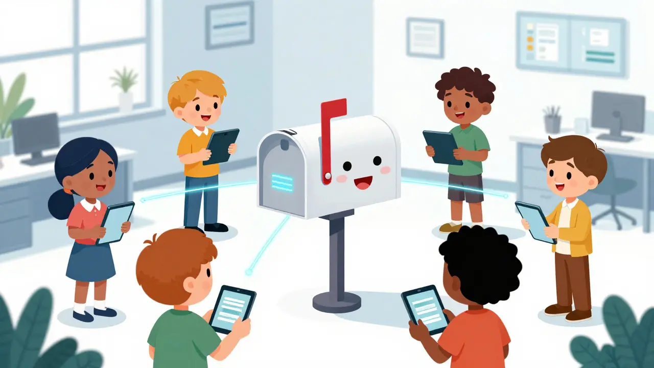 Illustration of happy team accessing a central, smiling shared voicemail mailbox.
