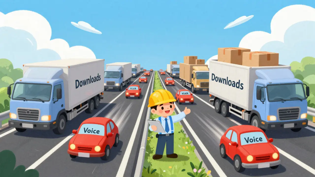 Illustration of voice traffic speeding past slow data trucks on a separate network lane.