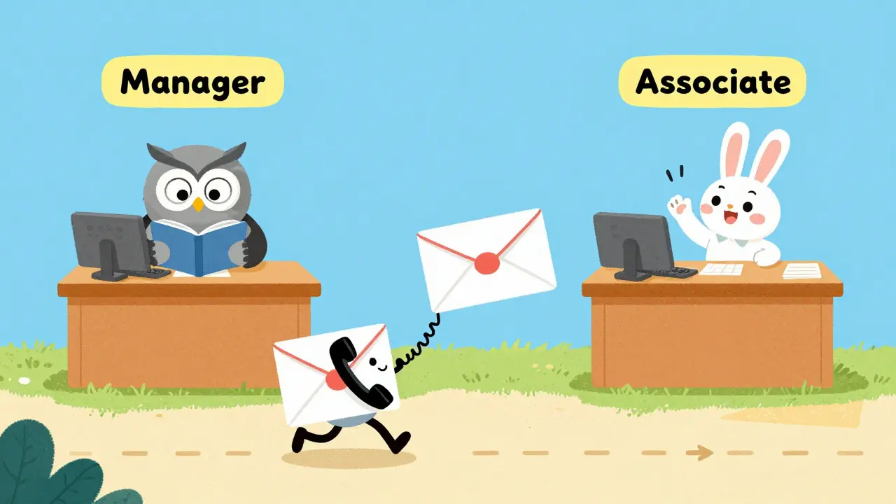 Illustration showing a call moving sequentially from manager to associate
